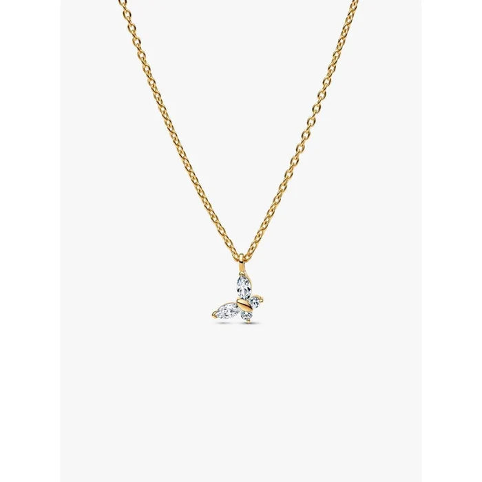 Front view of Pandora Butterfly Gold Pendant Necklace with clear cubic zirconia butterfly pendant.