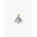 Front view of Pandora Christmas Tree Charm featuring red and green stones and gold star topper.