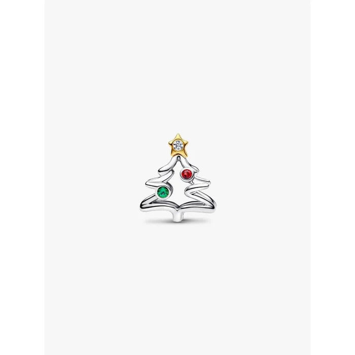 Close-up of Pandora sterling silver Christmas Tree Charm with colorful festive accents