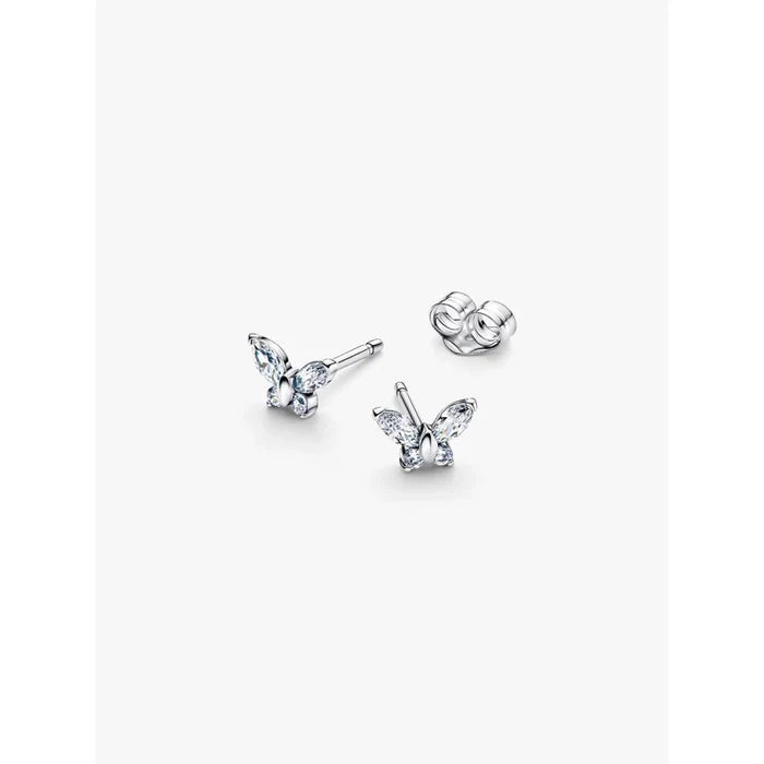 Pandora clear butterfly stud earrings in silver angled view showing secure butterfly back closure