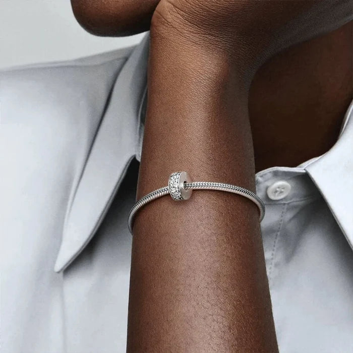 Pandora Clear Pavé Clip Charm featuring sparkling clear pavé detailing for a Pandora charm bracelet.