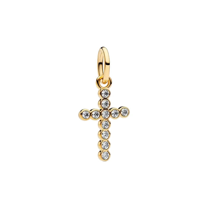 The Pandora Cross Dangle Charm in Gold brings a timeless symbol of faith to your bracelet stack.