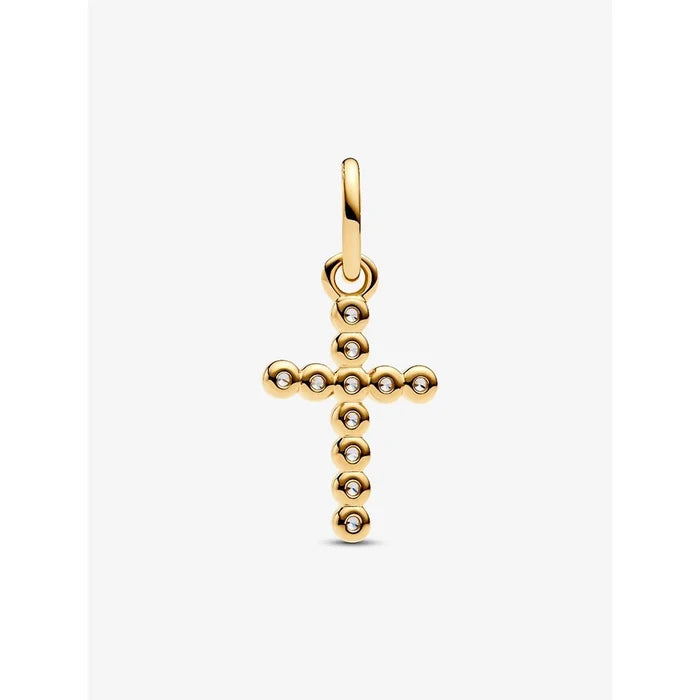 The Pandora Cross Dangle Charm in Gold brings a timeless symbol of faith to your bracelet stack.