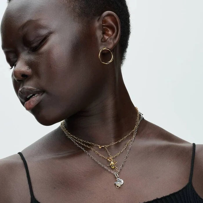 A woman showcasing her natural afro hairstyle, complemented by a beautiful gold necklace, radiating charm and grace.