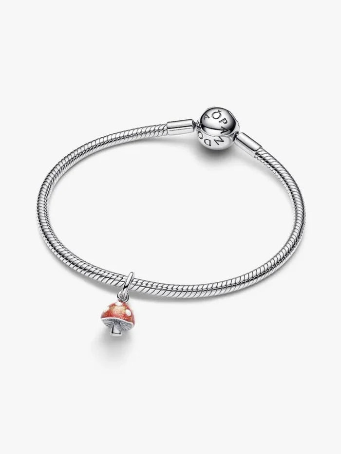 Silver bracelet with a small charm on a white background
