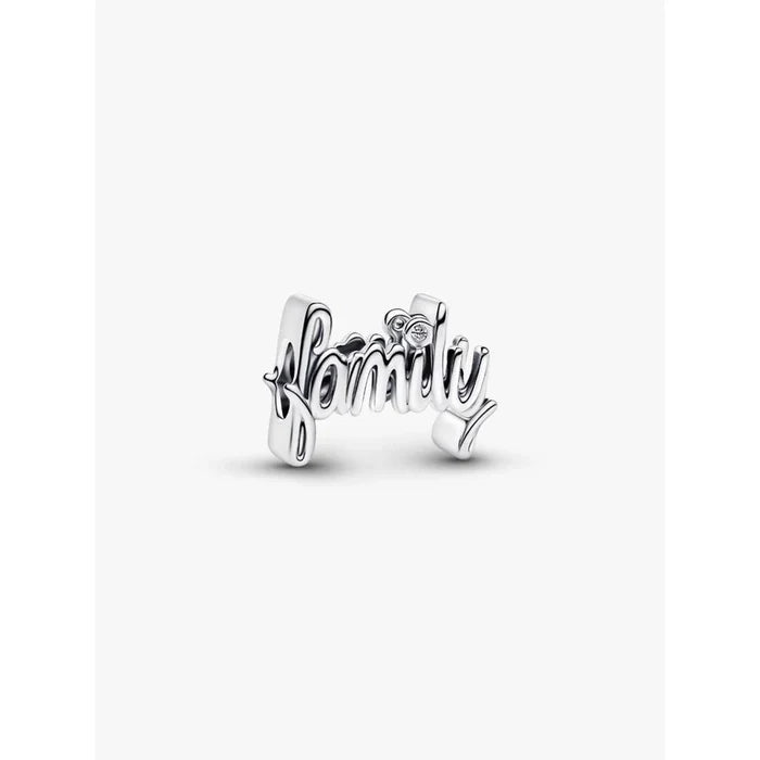 Pandora Handwritten Family Charm in sterling silver displayed on white background.