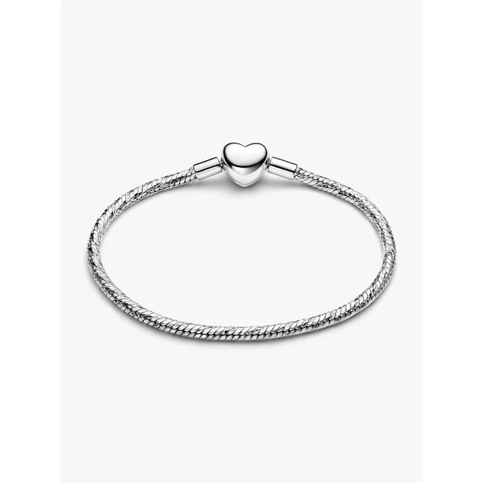 Sterling silver Pandora faceted snake chain bracelet displayed with heart-shaped clasp facing upward.