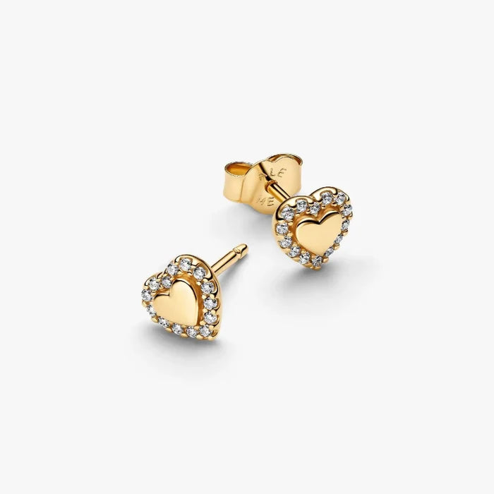 Close-up of the Pandora Heart Halo Stud Earrings showing heart-shaped center stones framed by a halo of pavé.