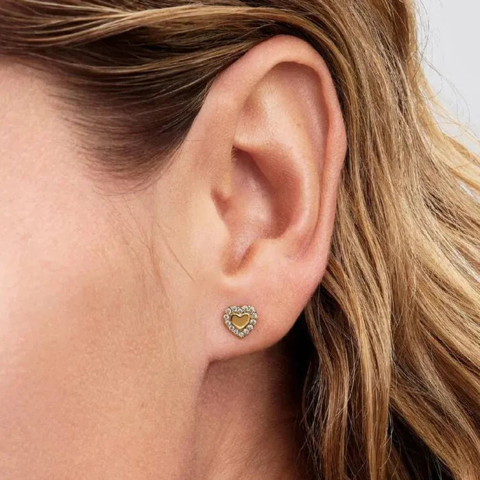 Gold-plated Pandora Heart Halo Stud Earrings featuring heart-shaped center stones surrounded by a sparkling pavé halo.