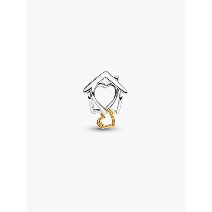 Front view of the Pandora Home & Heart Charm, showing the sterling silver house outline with a gold-plated dangling heart.