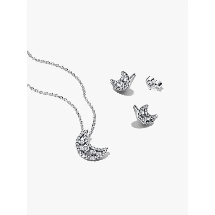 Pandora Moon Jewelry Gift Set featuring crescent moon necklace and matching stud earrings in sterling silver with sparkling stones.