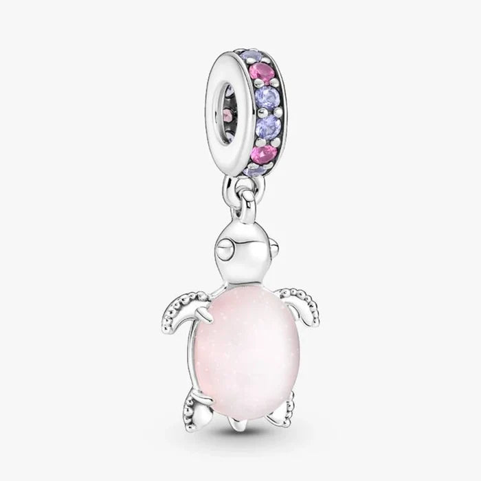 Pink turtle charm adorned with purple stones, showcasing a playful design perfect for a charm bracelet.