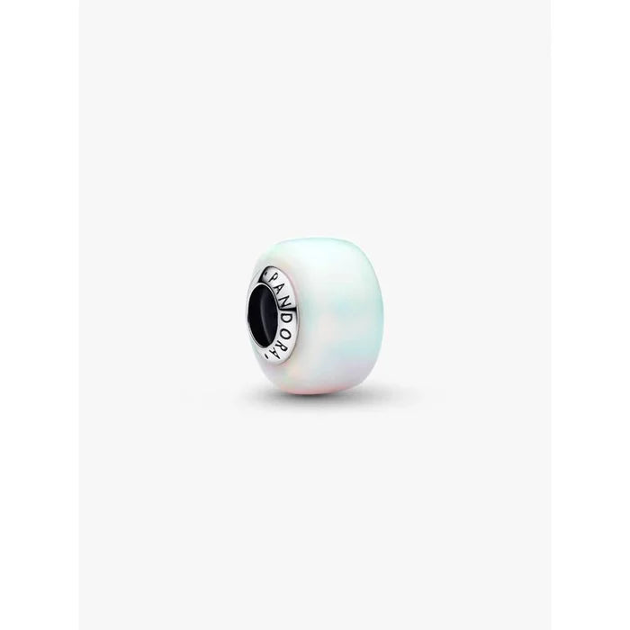 Side profile of the Pandora Opalescent Charm displaying its smooth Murano glass finish and subtle pearlescent color shifts.