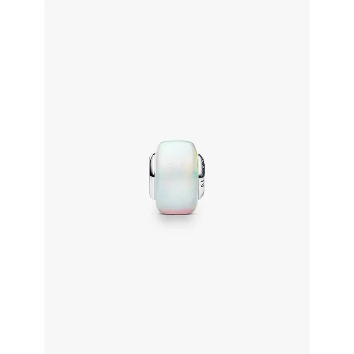 Front view of the Pandora Opalescent Murano Glass Charm showing its rounded iridescent bead design with sterling silver core.
