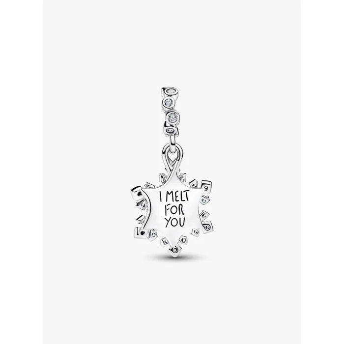 Back view of Pandora Opalescent Snowflake Double Dangle Charm showing engraved message ‘I melt for you.
