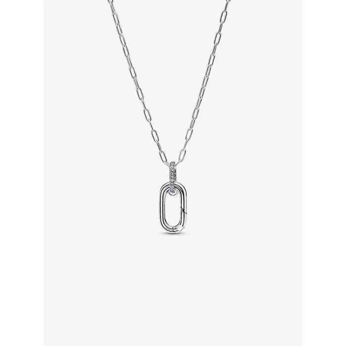 Pandora sterling silver oval link pendant necklace with adjustable chain, product display.