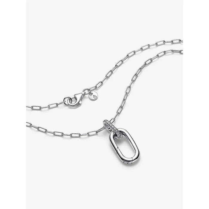Pandora sterling silver necklace with lobster clasp and oval link pendant, detailed close-up shot.