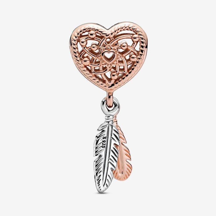 "PANDORA : Openwork Heart & Two Feathers Dreamcatcher Charm -"