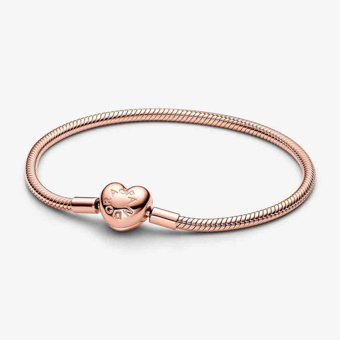 PANDORA : Pandora Moments Heart Clasp Snake Chain Bracelet in Rose Gold - PANDORA : Pandora Moments Heart Clasp Snake Chain Bracelet in Rose Gold