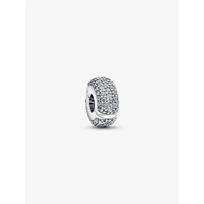 Front view of the Pandora Pavé Clip Charm showcasing the full pavé cubic zirconia design.