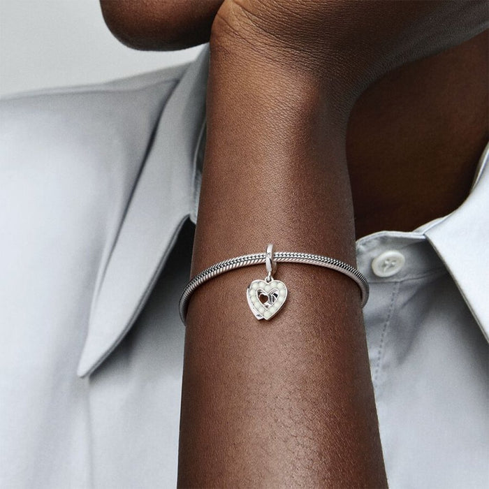 "PANDORA : Pearlescent White Heart Double Dangle Charm -"