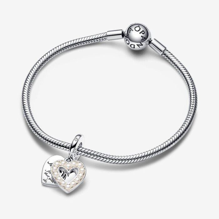 "PANDORA : Pearlescent White Heart Double Dangle Charm -"