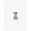 Close-up of the Pandora Pink Bow Charm with two sparkling pink heart stones forming a bow design.