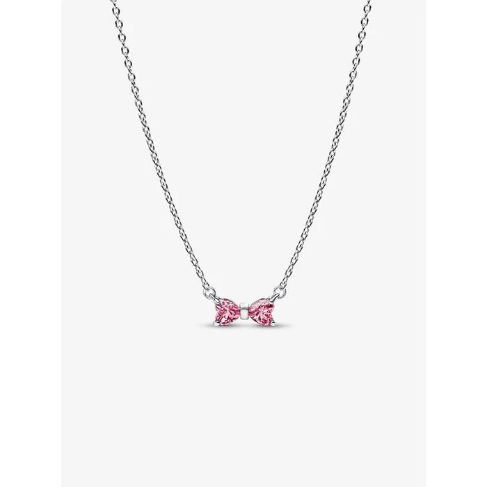 Pandora Pink Bow Pendant Necklace with two pink heart-shaped stones in sterling silver.