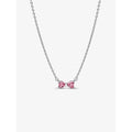 Pandora Pink Bow Pendant Necklace with two pink heart-shaped stones in sterling silver.