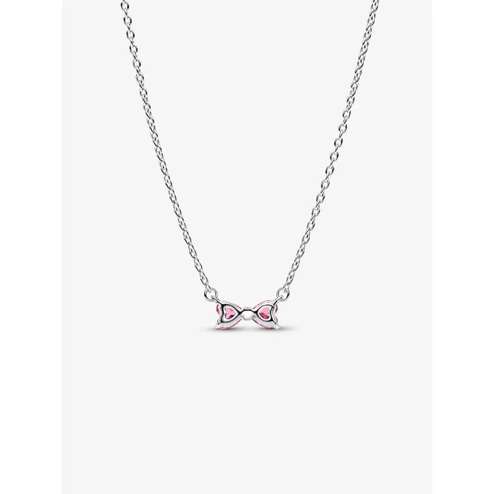 Back view of the Pandora Pink Bow Pendant Necklace with two pink heart-shaped stones in sterling silver.
