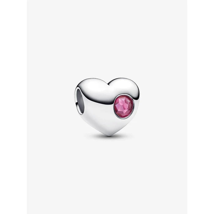 Sterling silver heart-shaped Pandora charm with a round pink stone detail on one side, displayed on a white background.