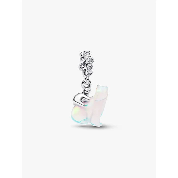 Close-up of the Pandora Polar Bear Mother & Cub Dangle Charm featuring an iridescent opal-like polar bear silhouette with a small sterling silver cub figure attached and a stone-set bail.