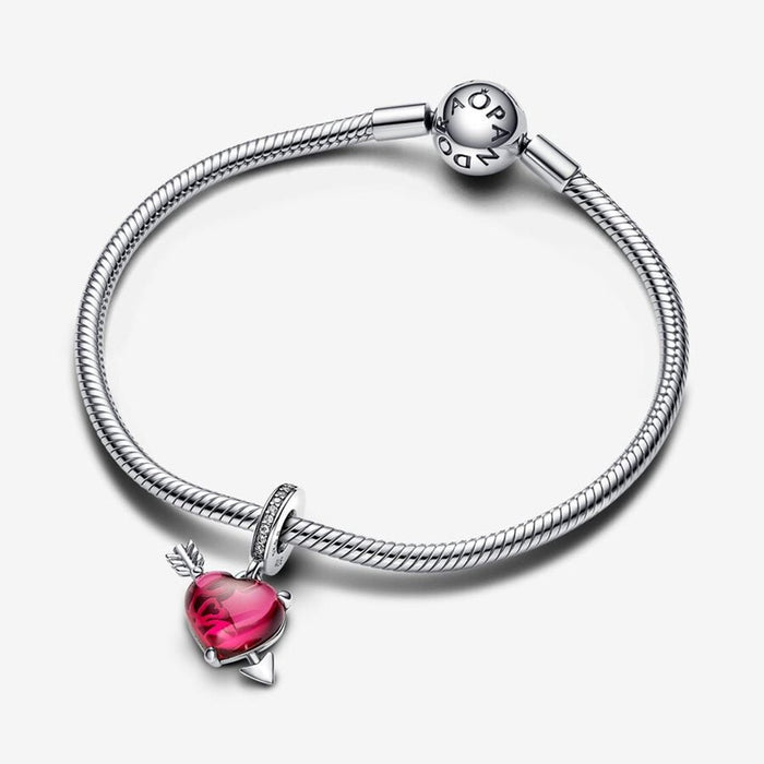 PANDORA : Red Heart & Arrow Murano Glass Dangle Charm in Sterling Silver - PANDORA : Red Heart & Arrow Murano Glass Dangle Charm in Sterling Silver