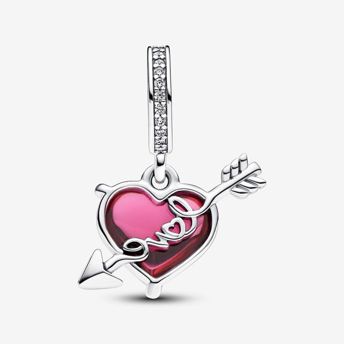 PANDORA : Red Heart & Arrow Murano Glass Dangle Charm in Sterling Silver - PANDORA : Red Heart & Arrow Murano Glass Dangle Charm in Sterling Silver