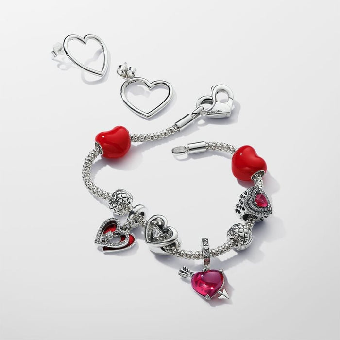 PANDORA : Red Heart & Arrow Murano Glass Dangle Charm in Sterling Silver - PANDORA : Red Heart & Arrow Murano Glass Dangle Charm in Sterling Silver