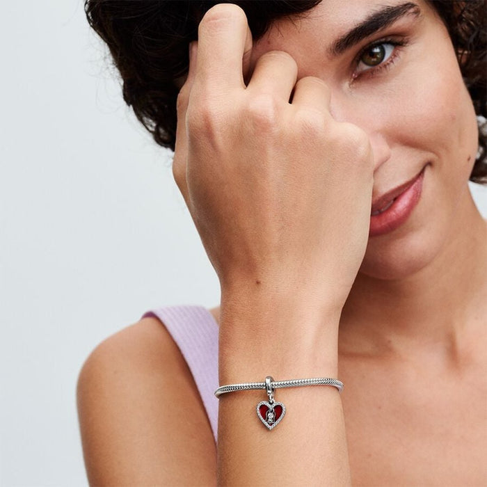 PANDORA : Red Heart & Keyhole Double Dangle Charm in Sterling Silver - PANDORA : Red Heart & Keyhole Double Dangle Charm in Sterling Silver