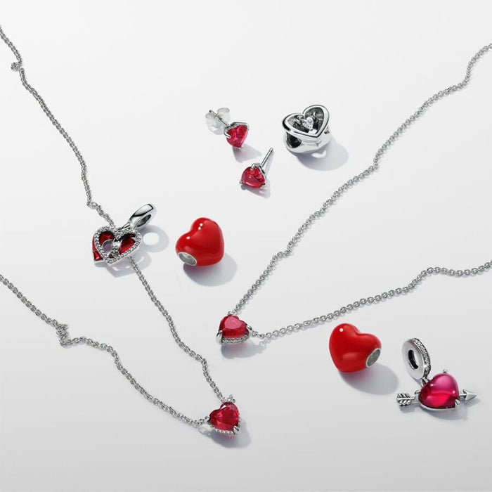 PANDORA : Red Heart & Keyhole Double Dangle Charm in Sterling Silver - PANDORA : Red Heart & Keyhole Double Dangle Charm in Sterling Silver