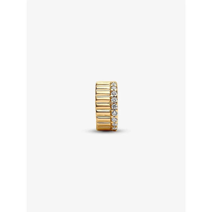 Front view of the Pandora Ribbed Clip Charm in 14k gold finish with ribbed detailing and pavé stone accents.