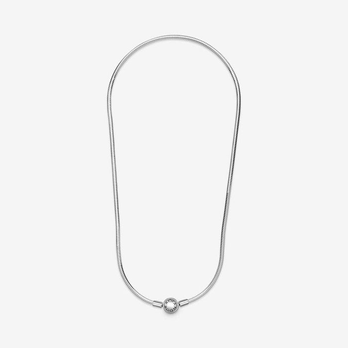 Full length Pandora Snake Chain Necklace in sterling silver displayed on a white background