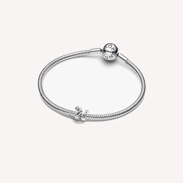 Silver bracelet with a small snake charm on a white background