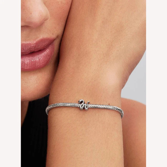 Silver bracelet with a snake charm on a wrist