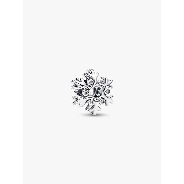 Pandora Snowflake Charm in sterling silver with cubic zirconia stones, front view.