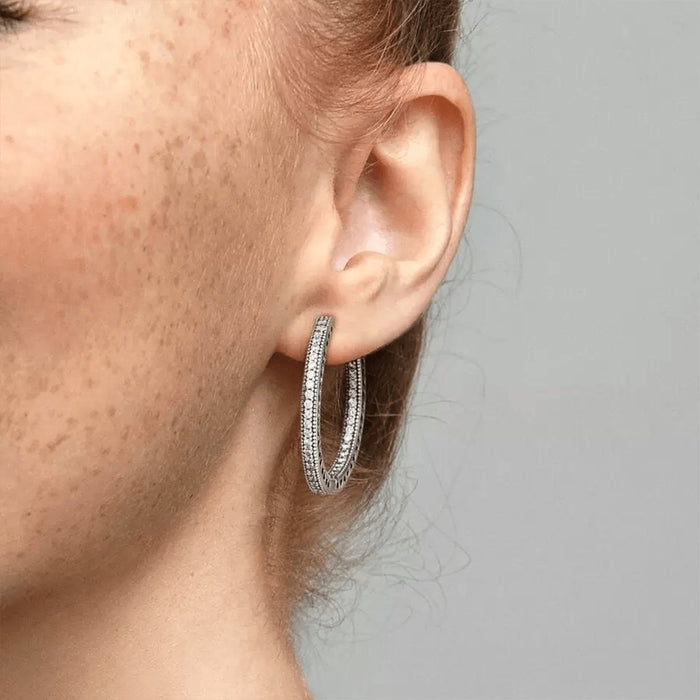 "PANDORA : Sparkle and Hearts Hoop Earrings -"