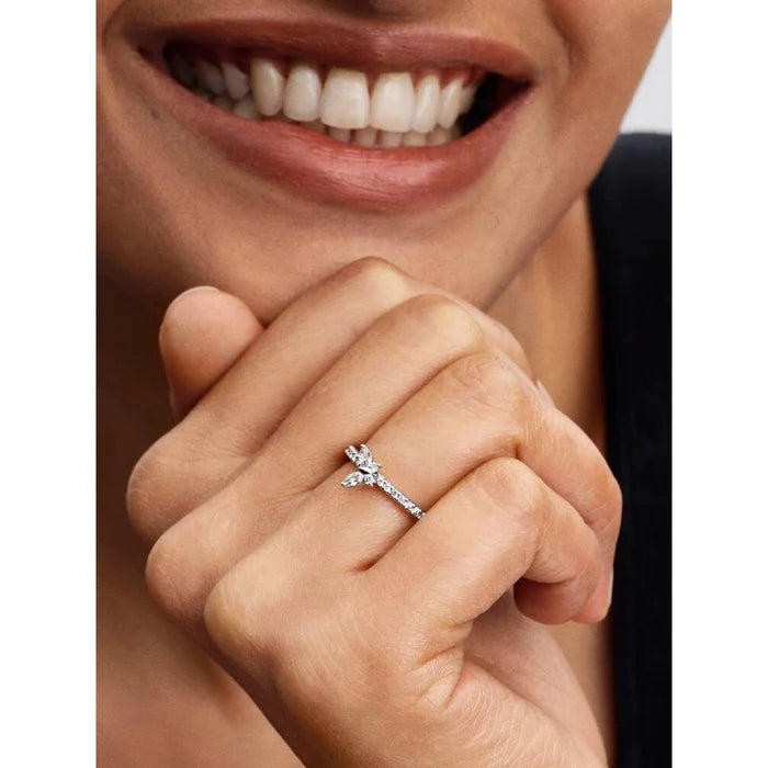 Pandora Sparkling Butterfly Ring on hand, sterling silver pavé band with clear butterfly stones, elegant everyday jewelry
