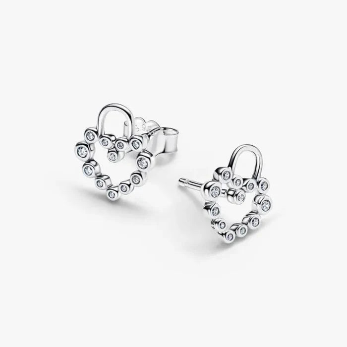 Pandora Sparkling Heart Padlock Stud Earrings in sterling silver displayed on a white background.
