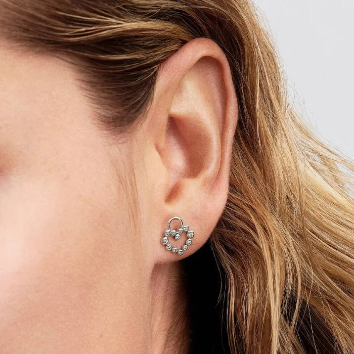 Close-up of the Pandora Sparkling Heart Padlock Stud Earrings in sterling silver showing a padlock design with a heart of stones.