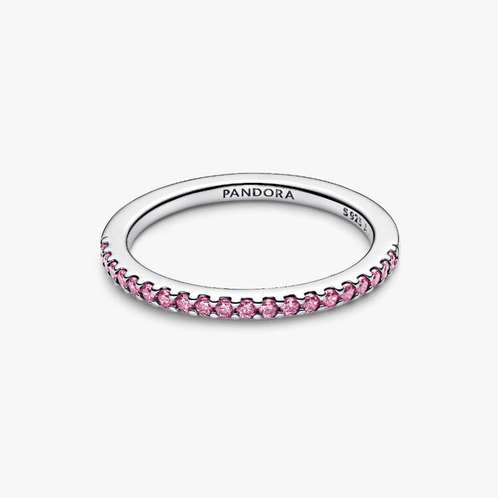 Pandora Sparkling Pink Band Ring in sterling silver with pink stones on a white background.