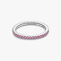 Pandora Sparkling Pink Band Ring in sterling silver with pink stones on a white background.