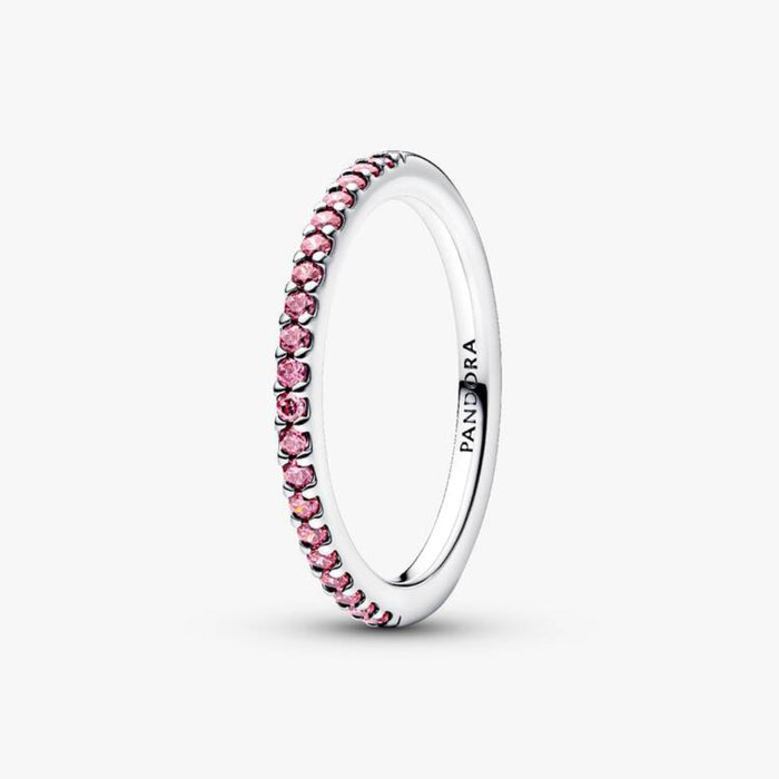 Close-up of the Pandora Sparkling Pink Band Ring in sterling silver showing a row of pink stones.