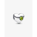 Close-up of the Pandora Spring Green Stone Heart Charm in sterling silver with a faceted green crystal centerpiece.